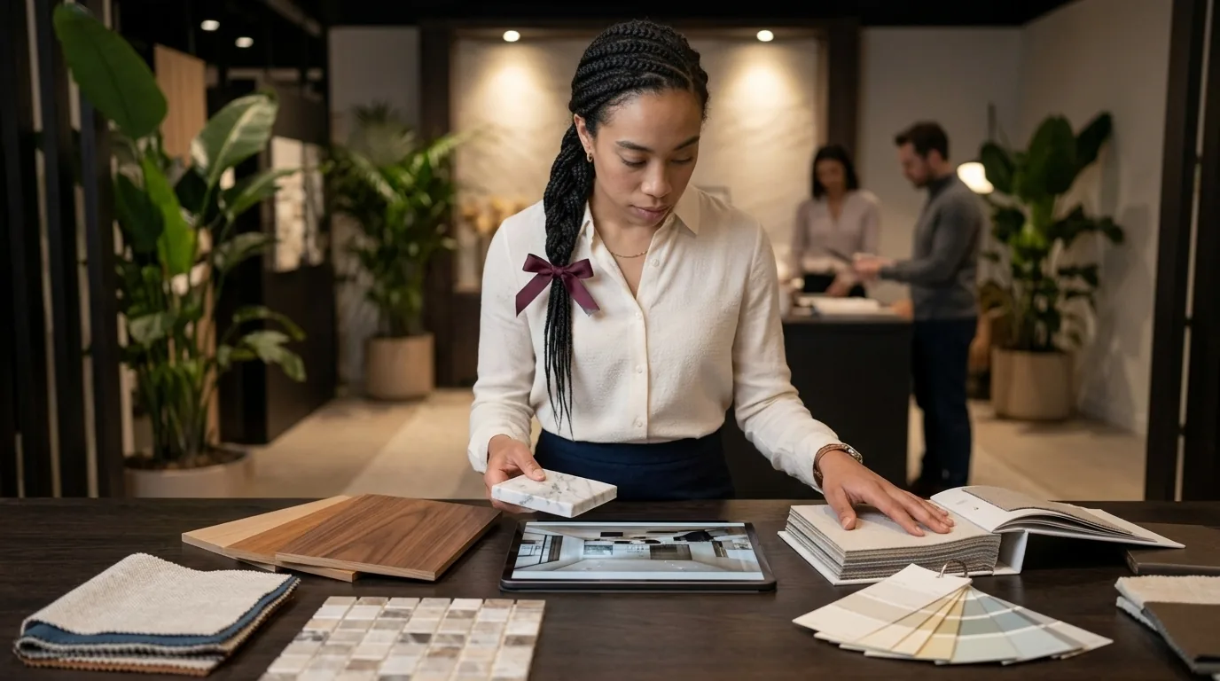 Interior project consultant reviewing material and finish samples